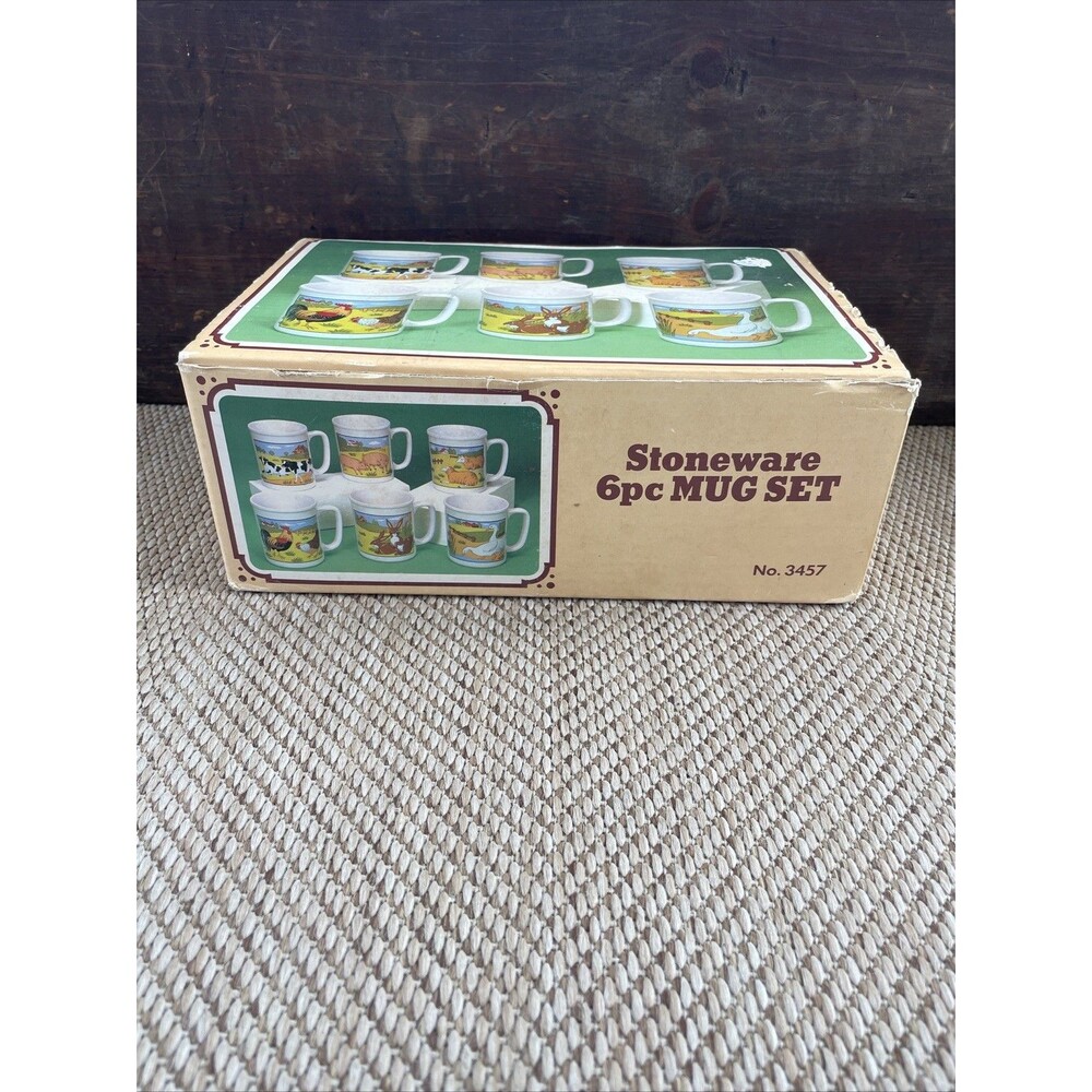 Vintage Fred‎ Roberts Co. Country Farm Animals Stoneware Cups Mugs Set of 6 NIB